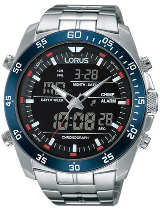 Front view of Lorus Chronograph RW623AX5 Black Dial Silver Stainless Steel Unisex Watch on white background