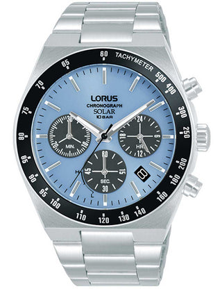 Front view of Lorus Chronograph RZ525AX9 Blue Dial Silver Stainless Steel Unisex Watch on white background