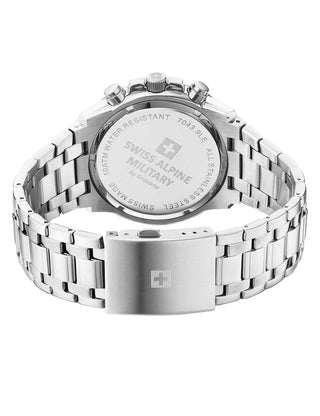Angle shot of Swiss Alpine Military Chronograph 7043.9137 Black Dial Silver Stainless Steel Unisex Watch on white background
