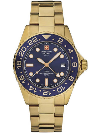 Angle shot of Swiss Alpine Military 7052.1115 Blue Dial Gold Stainless Steel Unisex Watch on white background