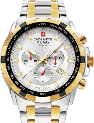 Front view of Swiss Alpine Military Chronograph 7043.9142 Silver Dial Gold Stainless Steel Unisex Watch on white background