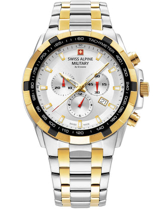 Angle shot of Swiss Alpine Military Chronograph 7043.9142 Silver Dial Gold Stainless Steel Unisex Watch on white background