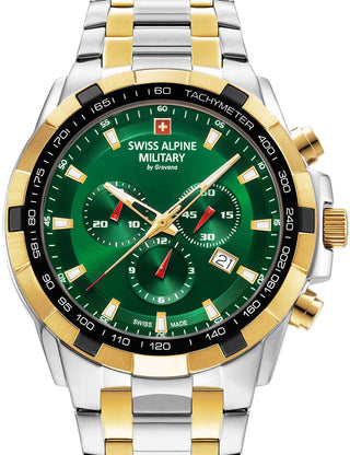Front view of Swiss Alpine Military Chronograph 7043.9144 Green Dial Gold Stainless Steel Unisex Watch on white background