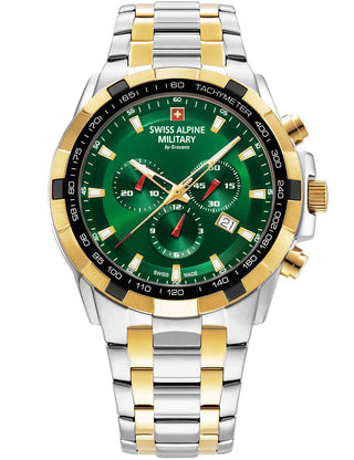 Angle shot of Swiss Alpine Military Chronograph 7043.9144 Green Dial Gold Stainless Steel Unisex Watch on white background