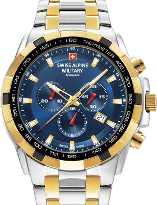 Front view of Swiss Alpine Military Chronograph 7043.9145 Blue Dial Gold Stainless Steel Unisex Watch on white background
