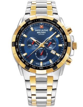 Angle shot of Swiss Alpine Military Chronograph 7043.9145 Blue Dial Gold Stainless Steel Unisex Watch on white background