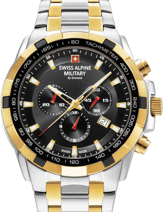 Front view of Swiss Alpine Military Chronograph 7043.9147 Black Dial Gold Stainless Steel Unisex Watch on white background