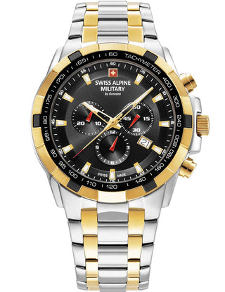 Angle shot of Swiss Alpine Military Chronograph 7043.9147 Black Dial Gold Stainless Steel Unisex Watch on white background