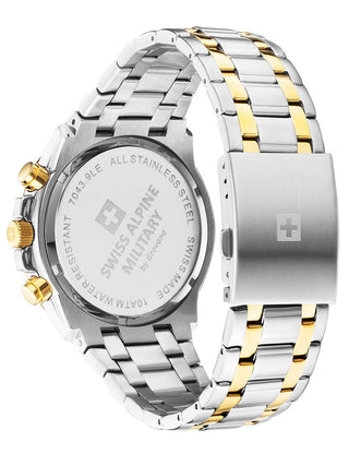 Angle shot of Swiss Alpine Military Chronograph 7043.9142 Silver Dial Gold Stainless Steel Unisex Watch on white background
