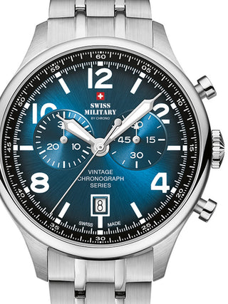 Front view of Swiss Military By Chrono Chronograph SM30192.03 Blue Dial Silver Stainless Steel Unisex Watch on white background