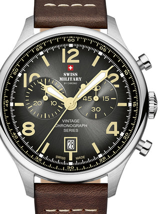 Front view of Swiss Military By Chrono Chronograph SM30192.04 Grey Dial Brown Leather Unisex Watch on white background