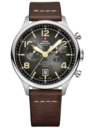 Angle shot of Swiss Military By Chrono Chronograph SM30192.04 Grey Dial Brown Leather Unisex Watch on white background