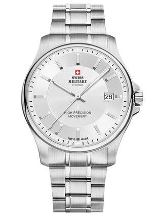 Angle shot of Swiss Military By Chrono SM30200.02 Silver Stainless Steel Unisex Watch on white background
