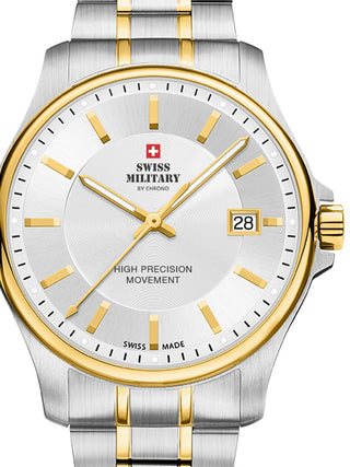 Front view of Swiss Military By Chrono SM30200.05 Silver Dial Gold Stainless Steel Unisex Watch on white background