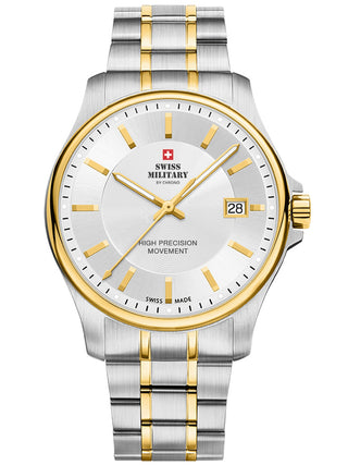 Angle shot of Swiss Military By Chrono SM30200.05 Silver Dial Gold Stainless Steel Unisex Watch on white background