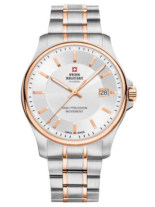Angle shot of Swiss Military By Chrono SM30200.07 Silver Dial Rose Gold Stainless Steel Unisex Watch on white background