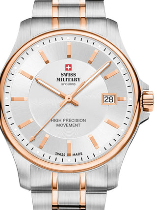Front view of Swiss Military By Chrono SM30200.07 Silver Dial Rose Gold Stainless Steel Unisex Watch on white background