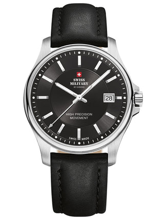 Angle shot of Swiss Military By Chrono SM30200.10 Black Leather Unisex Watch on white background