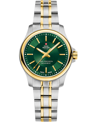 Angle shot of Swiss Military By Chrono SM30201.32 Green Dial Gold Stainless Steel Womens Watch on white background