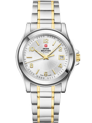 Angle shot of Swiss Military By Chrono SM34002.26 Silver Dial Gold Stainless Steel Unisex Watch on white background