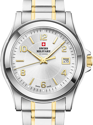 Front view of Swiss Military By Chrono SM34002.26 Silver Dial Gold Stainless Steel Unisex Watch on white background