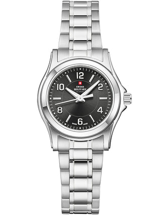 Angle shot of Swiss Military By Chrono SM34003.21 Black Dial Silver Stainless Steel Womens Watch on white background