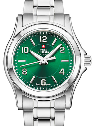 Front view of Swiss Military By Chrono SM34003.24 Green Dial Silver Stainless Steel Womens Watch on white background