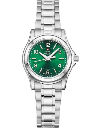 Angle shot of Swiss Military By Chrono SM34003.24 Green Dial Silver Stainless Steel Womens Watch on white background