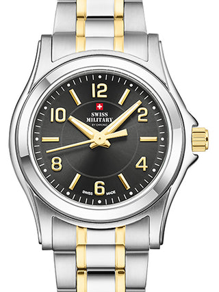 Front view of Swiss Military By Chrono SM34003.25 Silver Dial Gold Stainless Steel Womens Watch on white background
