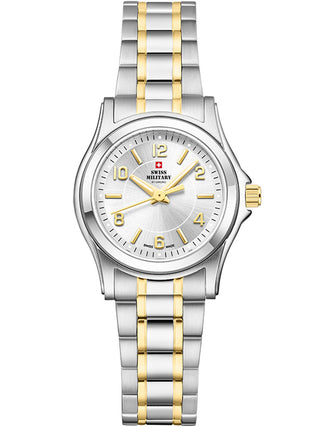 Angle shot of Swiss Military By Chrono SM34003.26 Black Dial Gold Stainless Steel Womens Watch on white background