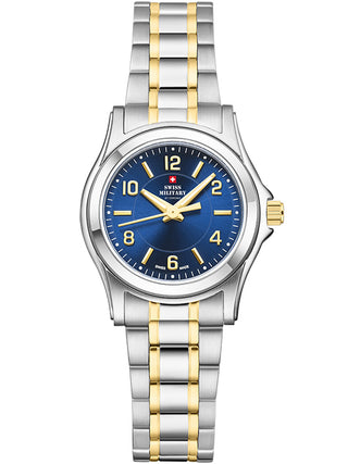 Angle shot of Swiss Military By Chrono SM34003.27 Blue Dial Gold Stainless Steel Womens Watch on white background