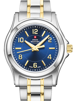 Front view of Swiss Military By Chrono SM34003.27 Blue Dial Gold Stainless Steel Womens Watch on white background