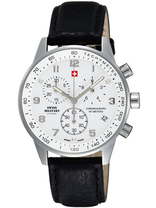 Front view of Swiss Military By Chrono Chronograph SM34012.06 White Dial Black Leather Unisex Watch on white background