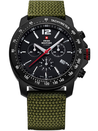 Front view of Swiss Military By Chrono Chronograph SM34033.07 Black Dial Green Nylon Unisex Watch on white background