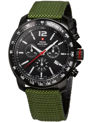 Angle shot of Swiss Military By Chrono Chronograph SM34033.07 Black Dial Green Nylon Unisex Watch on white background