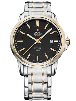 Front view of Swiss Military By Chrono SM34039.04 Black Dial Gold Stainless Steel Unisex Watch on white background