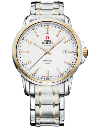 Front view of Swiss Military By Chrono SM34039.05 White Dial Gold Stainless Steel Unisex Watch on white background