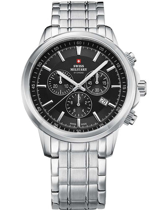 Angle shot of Swiss Military By Chrono Chronograph SM34052.01 Black Dial Silver Stainless Steel Unisex Watch on white background