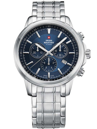 Angle shot of Swiss Military By Chrono Chronograph SM34052.03 Blue Dial Silver Stainless Steel Unisex Watch on white background