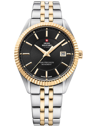 Angle shot of Swiss Military By Chrono SM34065.04 Black Dial Gold Stainless Steel Unisex Watch on white background