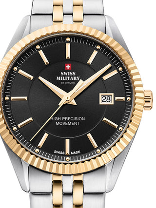 Front view of Swiss Military By Chrono SM34065.04 Black Dial Gold Stainless Steel Unisex Watch on white background