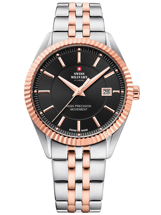 Angle shot of Swiss Military By Chrono SM34065.06 Black Dial Rose Gold Stainless Steel Unisex Watch on white background
