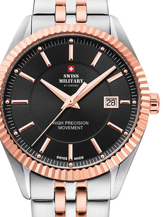Front view of Swiss Military By Chrono SM34065.06 Black Dial Rose Gold Stainless Steel Unisex Watch on white background