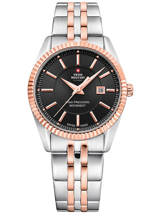 Angle shot of Swiss Military By Chrono SM34066.06 Black Dial Rose Gold Stainless Steel Womens Watch on white background