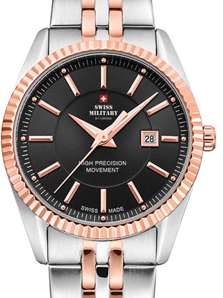 Front view of Swiss Military By Chrono SM34066.06 Black Dial Rose Gold Stainless Steel Womens Watch on white background