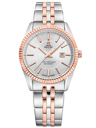 Angle shot of Swiss Military By Chrono SM34066.07 Silver Dial Rose Gold Stainless Steel Womens Watch on white background