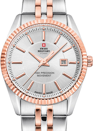 Front view of Swiss Military By Chrono SM34066.07 Silver Dial Rose Gold Stainless Steel Womens Watch on white background