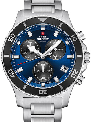 Front view of Swiss Military By Chrono Chronograph SM34067.11 Blue Dial Silver Stainless Steel Unisex Watch on white background
