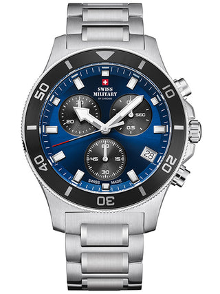 Angle shot of Swiss Military By Chrono Chronograph SM34067.11 Blue Dial Silver Stainless Steel Unisex Watch on white background
