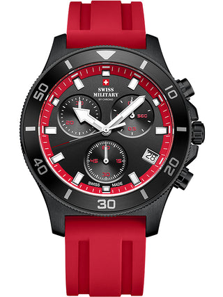 Angle shot of Swiss Military By Chrono Chronograph SM34067.15 Black Dial Silicone Unisex Watch on white background